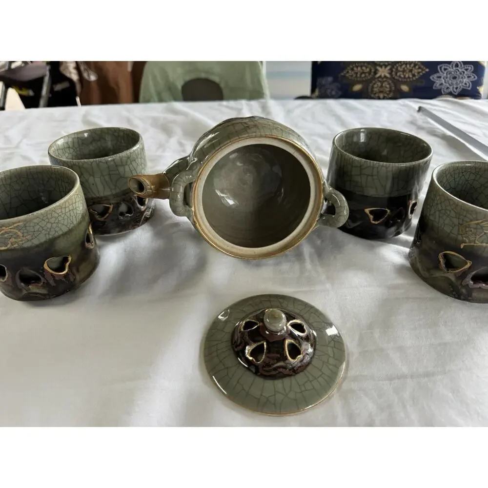Vintage Japanese Somayaki Somamare 5 piece Tea Set Green Crackle Glaze Gold